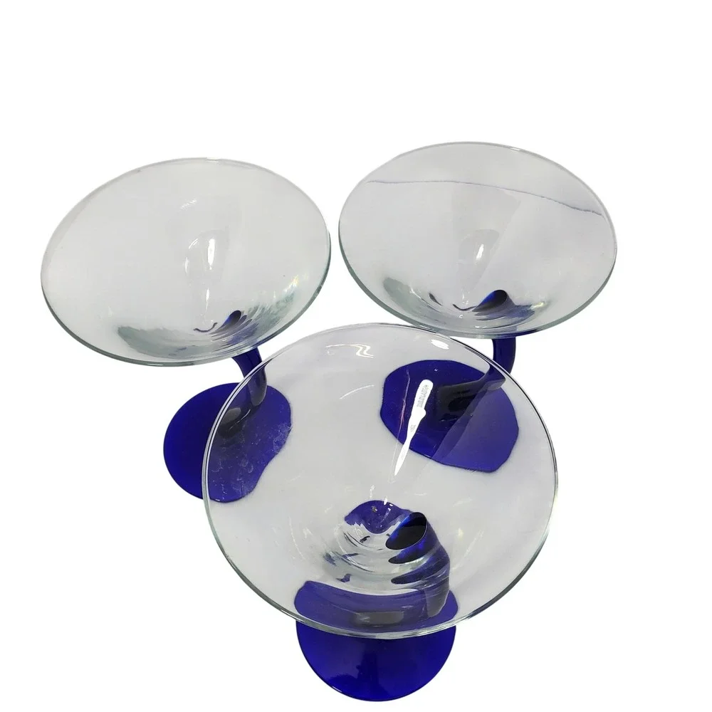 Set of 3 Cobalt Blue Curved Stem Martini Glasses Hand Blown Style Barware 7
